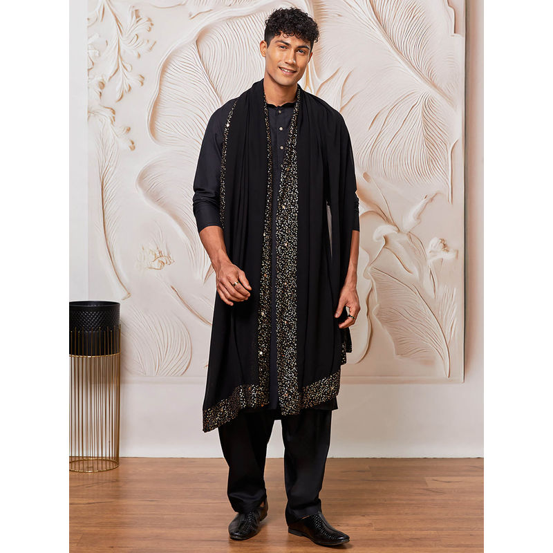 Vastramay Mens Black Solid Kurta with Patiala Salwar and Sequined Dupatta (Set of 3) (M)