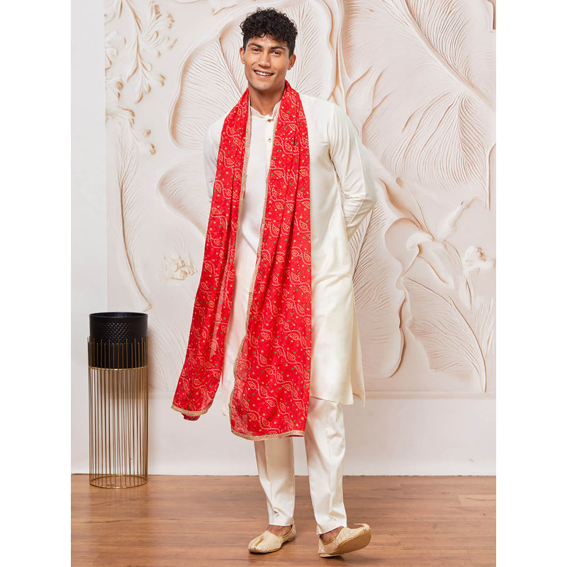 Vastramay Mens Off White Solid Kurta with Pant and Bandhani Dupatta (Set of 3) (36)