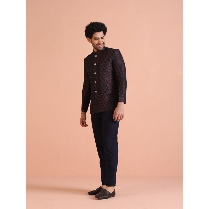 KISAH Men Silk Blend Textured Maroon Jodhpuri Bandhgala with Pant (38)