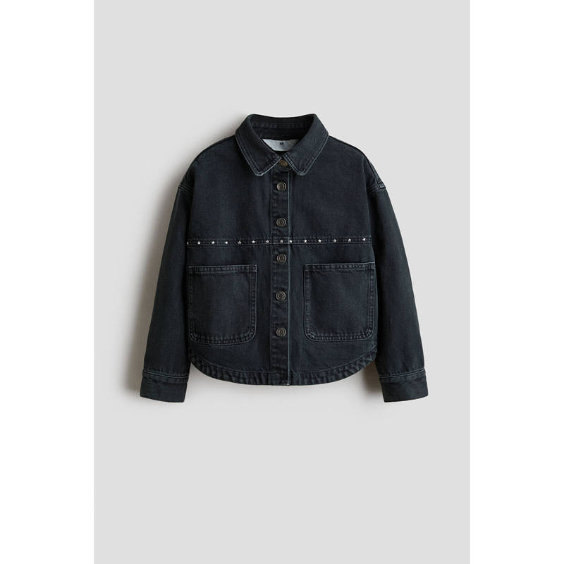 H&M Girls Grey Solid Cotton Twill Overshirt (10-11 Years)