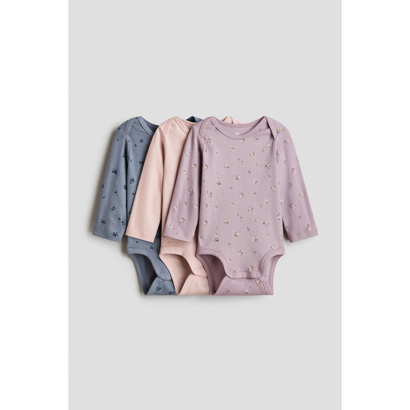 H&M Girls Multi-Color 3-Pack Envelope-Neck Cotton Bodysuits (0-1 Months)