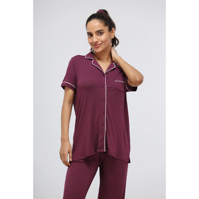 NeceSera Wine Modal Piping Half Sleeve Top (S)