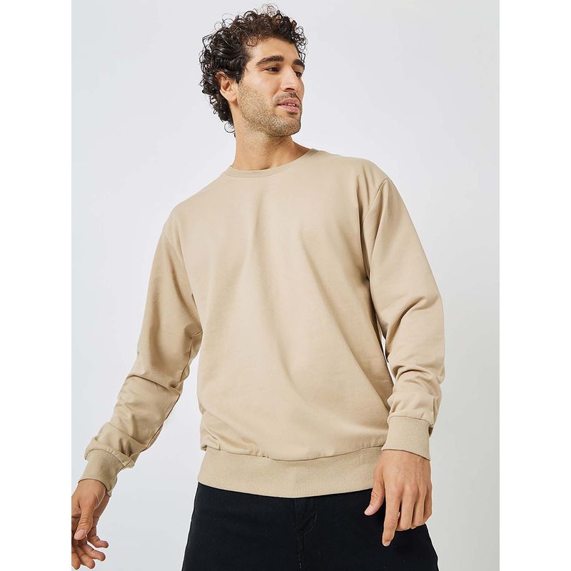 Styli Men's Beige Solid Cotton Relaxed Fit Cotton Terry Sweatshirt (S)
