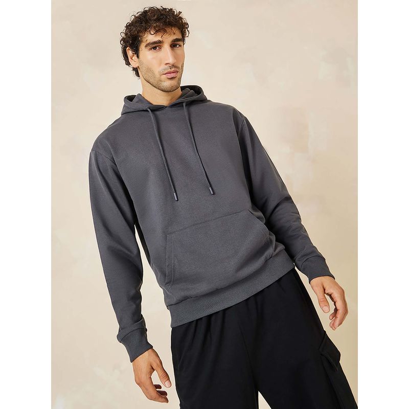 Styli Men Charcoal Relaxed Fit Fleece Hoodie with Kangaroo Pocket (M)