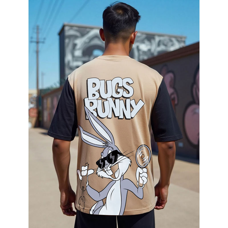 Bewakoof Heavy Duty 1.0 Looney Tunes Men's Brown Bugs Bunny Graphic Printed Oversized T-shirt (M)