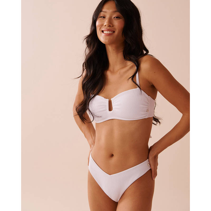 La Vie En Rose White Solid Ribbed U-Wire Bandeau Bikini Top (L)