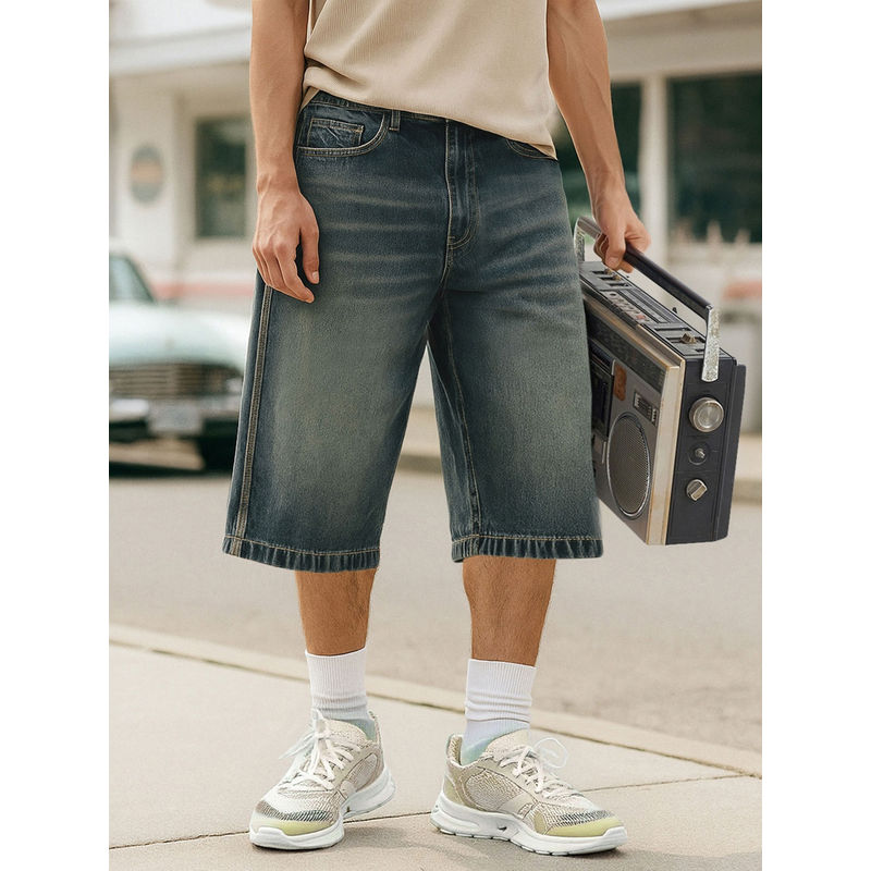 Bewakoof Men's Dark Blue Washed Baggy Fit Shorts (L)