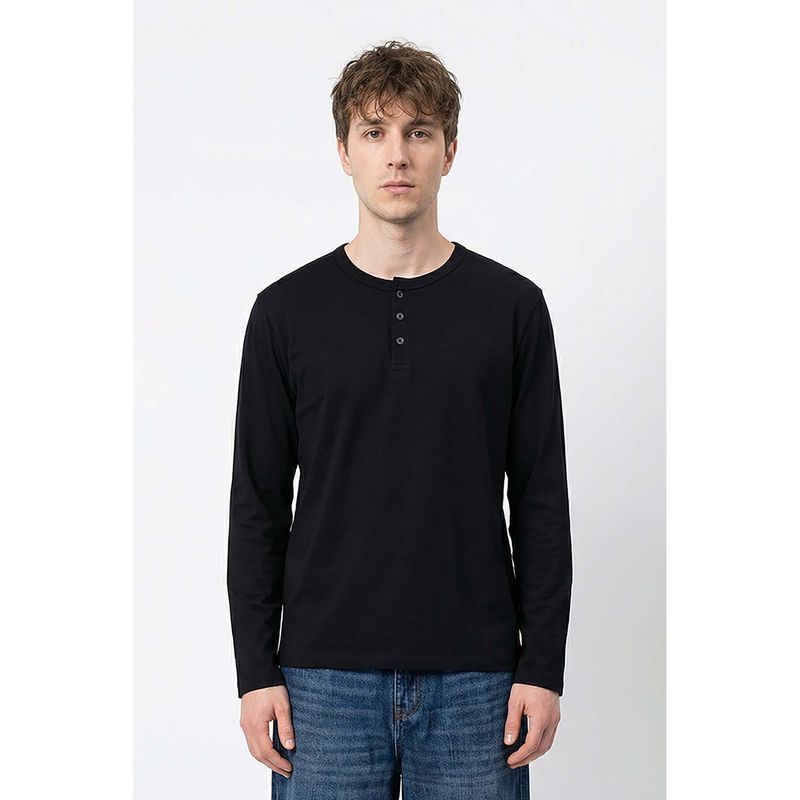 Snitch Black Solid/Plain Henley Neck Casual T-Shirt (2XL)