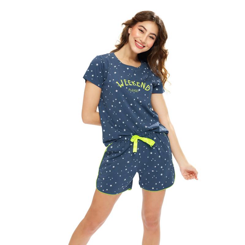LOTIK Women Blue Cotton T-shirt with Shorts (S)