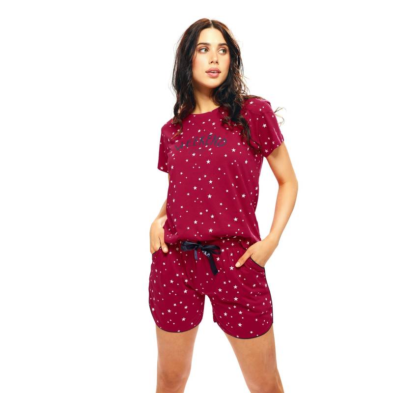 LOTIK Women Maroon Cotton T-shirt with Shorts (S)