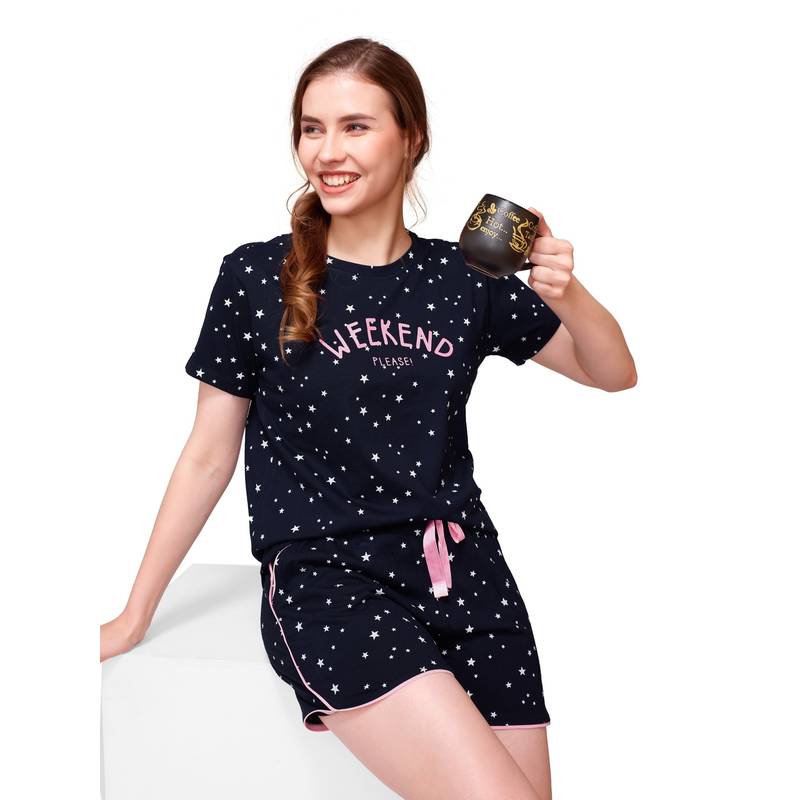 LOTIK Women Blue Cotton T-shirt with Shorts (S)