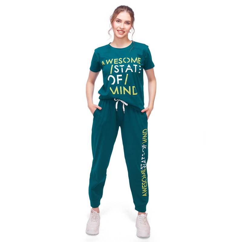 LOTIK Women Teal Lycra T-Shirt with Joggers (S)