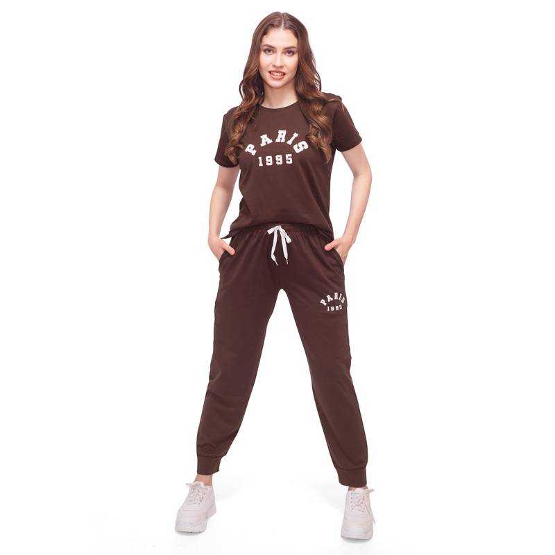 LOTIK Women Brown Lycra T-Shirt with Joggers (S)