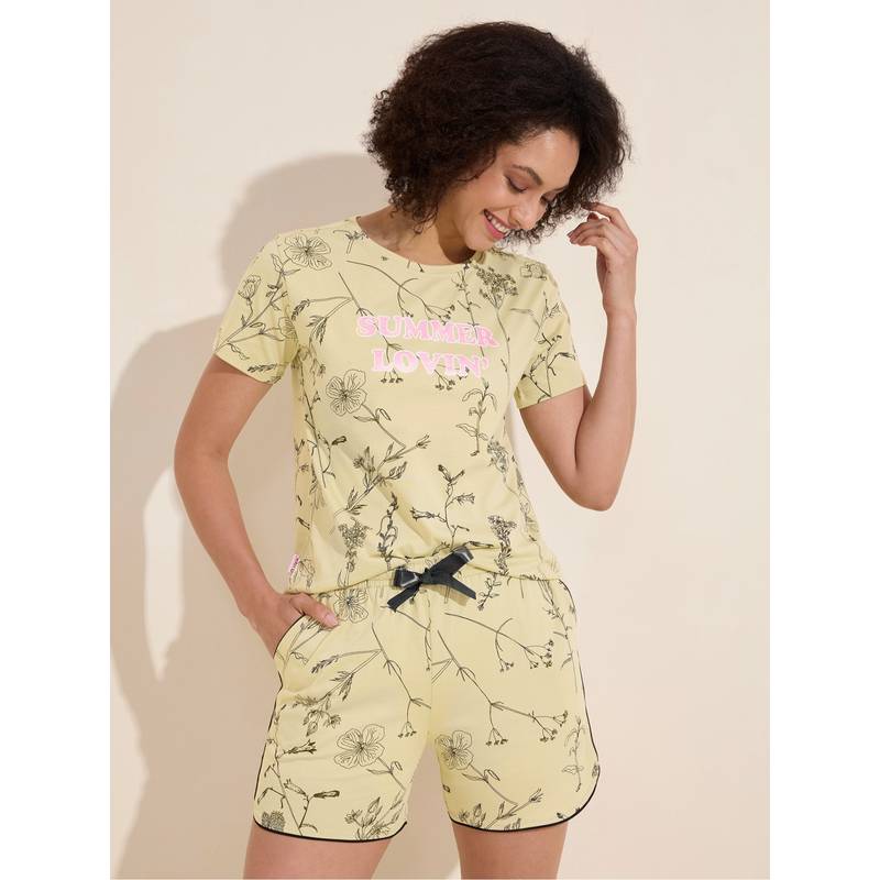 LOTIK Women Yellow Cotton T-shirt with Shorts (S)