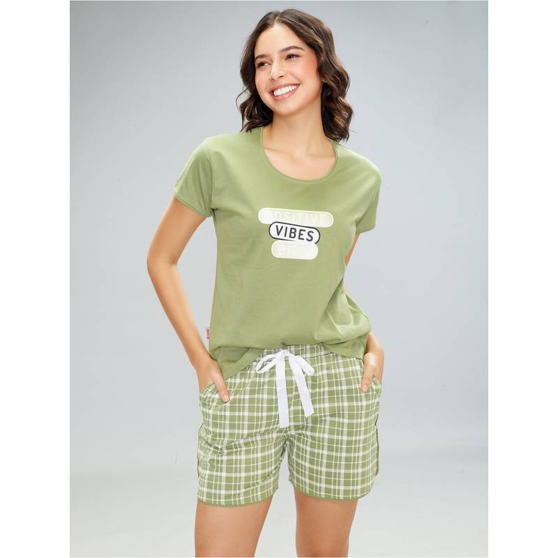 LOTIK Women Green Cotton T-shirt with Shorts (S)