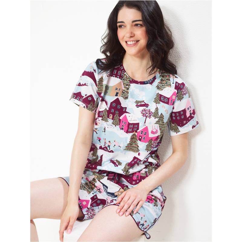 LOTIK Women Multi-Colour Cotton T-shirt with Shorts (S)