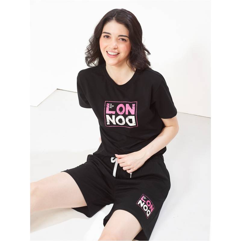LOTIK Women Black Cotton T-shirt with Shorts (S)
