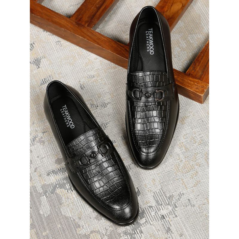 Teakwood Men Black Croco Embossed Leather Loafer Shoes (EURO 41)
