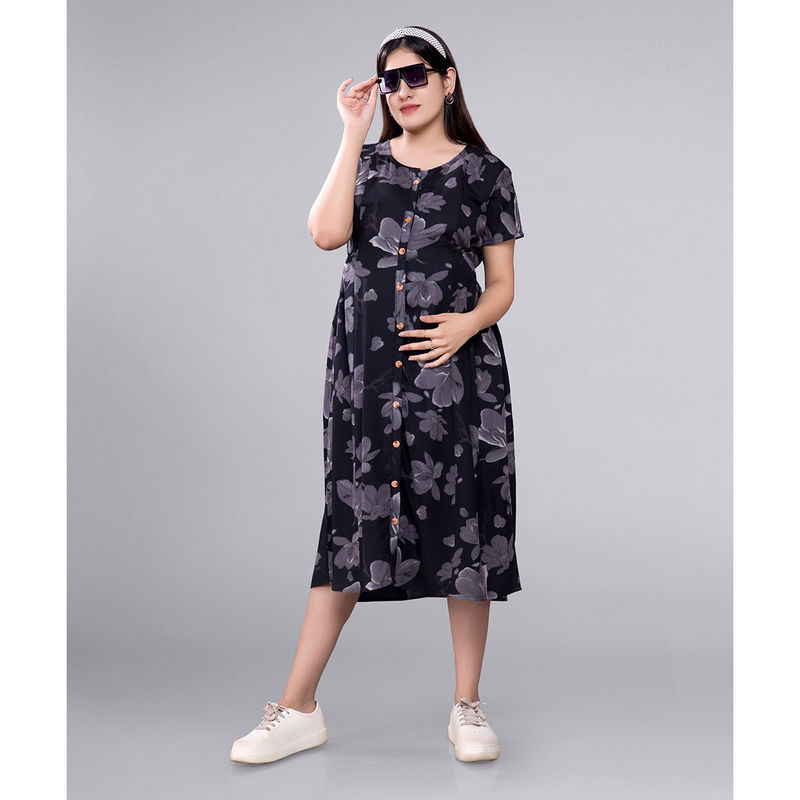 Mamma's Maternity Black Rayon Floral Maternity Short Dress (2XL)