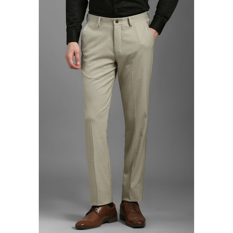 Louis Philippe Men Beige Regular Fit Check Flat Front Formal Trousers (32)