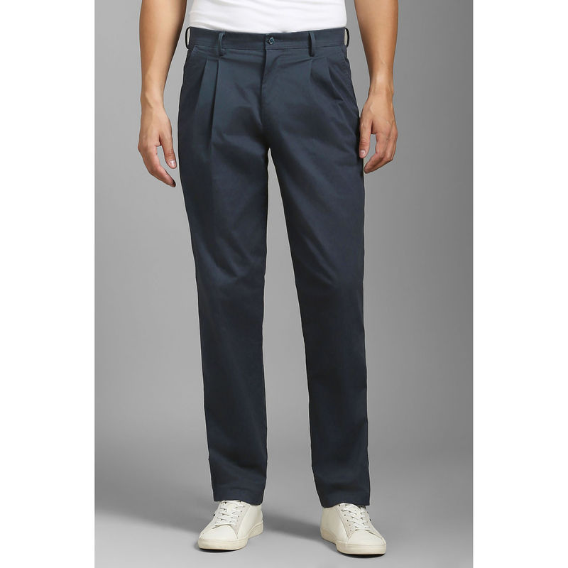 Louis Philippe Men Navy Regular Fit Textured Pleated Formal Trousers (36)