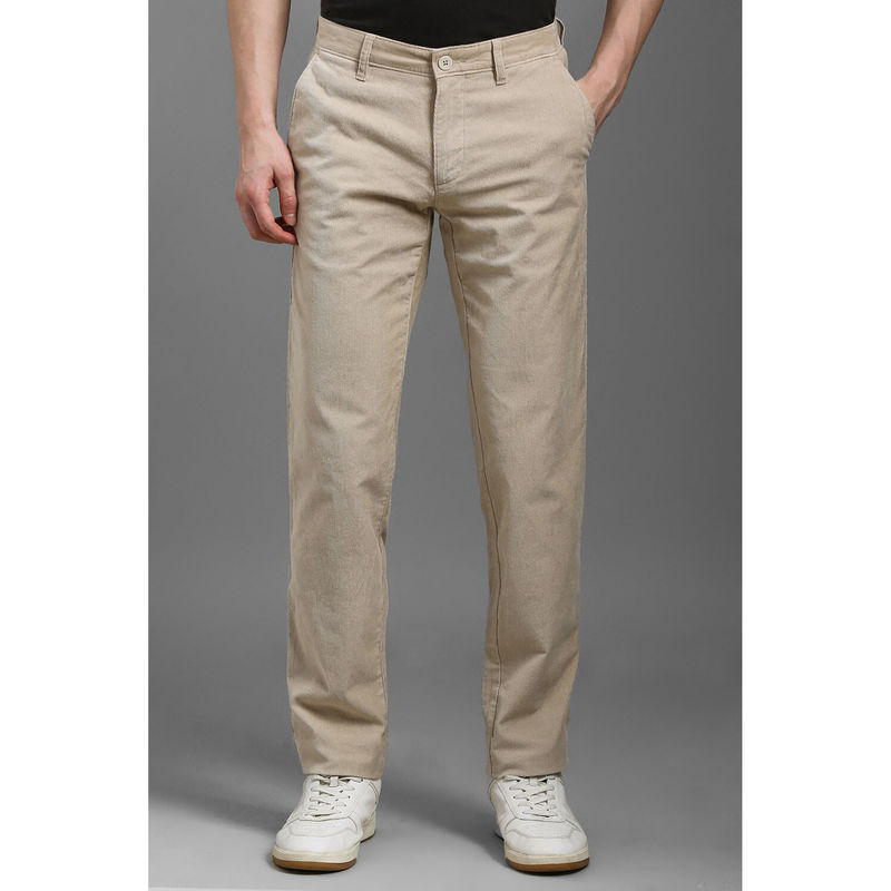 Louis Philippe Men Beige Slim Tapered Fit Textured Flat Front Casual Trousers (32)