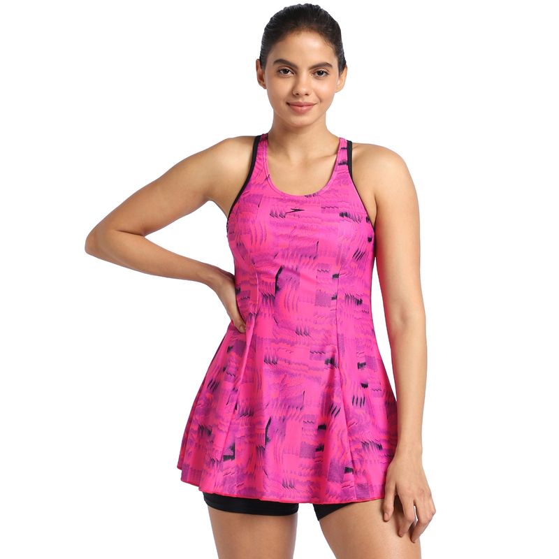 Speedo Women Printed Swimdress with Boyleg Pink and Black (32)