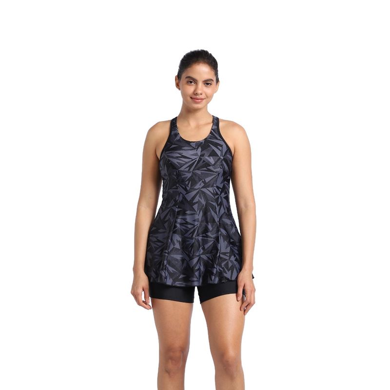 Speedo Women Hyperboom Printed Racer Back Swimdress with Boyleg Black & Oxid Grey (36)