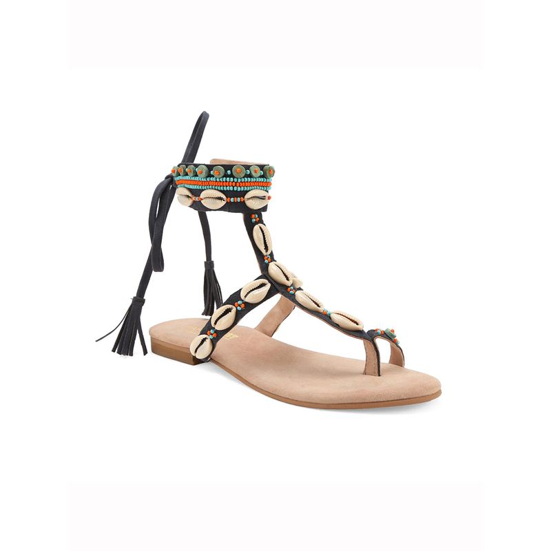 Tao Paris Women Leather Boho Toe Ring Blue Gladiator Flat Embellished With Shells (EURO 37)