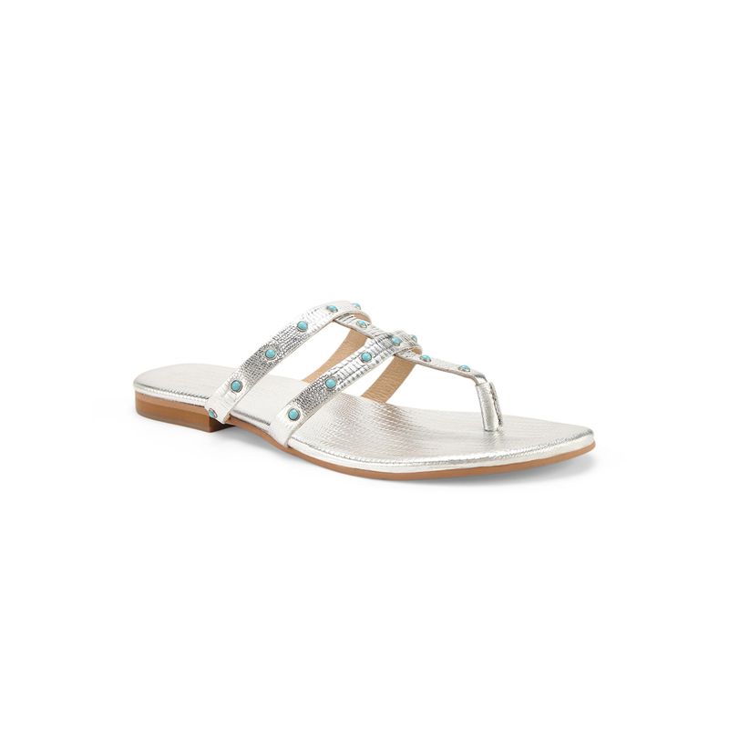 Tao Paris Women Leather Silver Slip-on Flat Embellished Textured Leather Sandals (EURO 36)