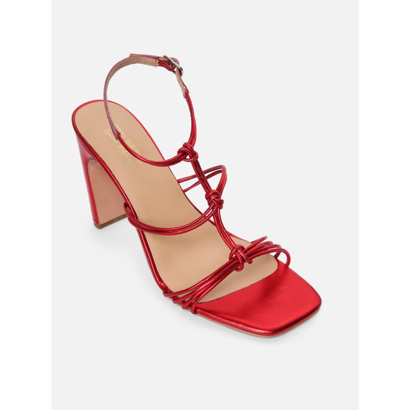 Tao Paris Women Leather Red T-Strap Block Heels Sandals (UK 2)
