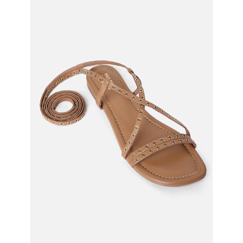 Tao Paris Women Leather Tan Strappy Tie-up Flat Sandal Gladiator With Eyelets (UK 3)