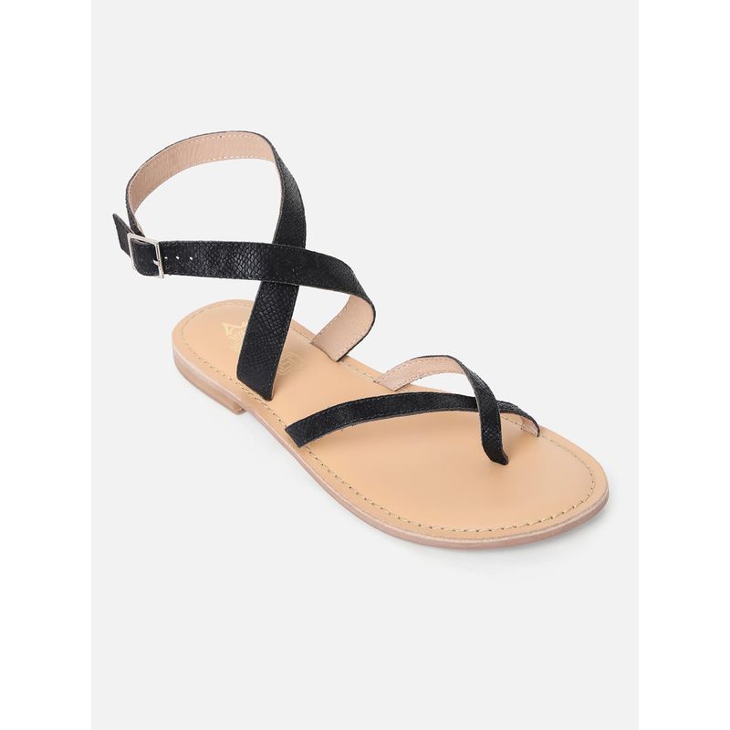 Tao Paris Women Black Textured Flat Open Toe Sandal (UK 4)