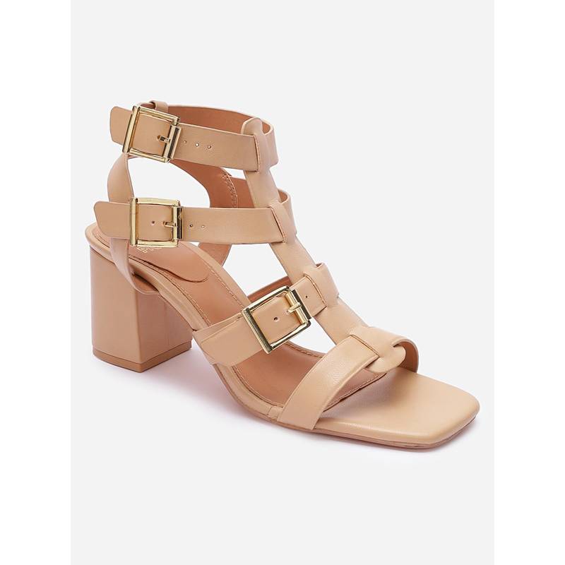 Tao Paris Women Nude Beige Buckle Block Heel Sandals (UK 3)