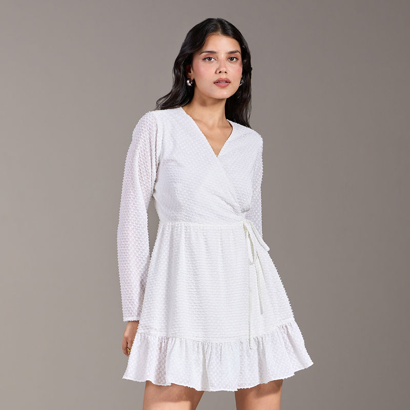 White Textured V Neck Ruffled Mini Wrap Dress (XS)