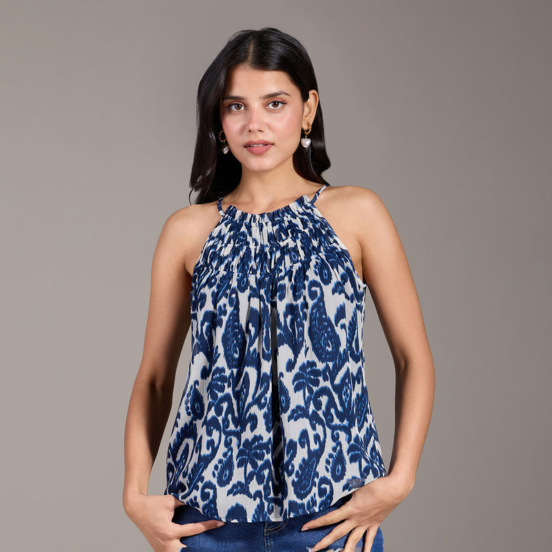 Twenty Dresses By Nykaa Fashion Blue And White Abstract Print Halter Neck Sleeveless Top (2XL)