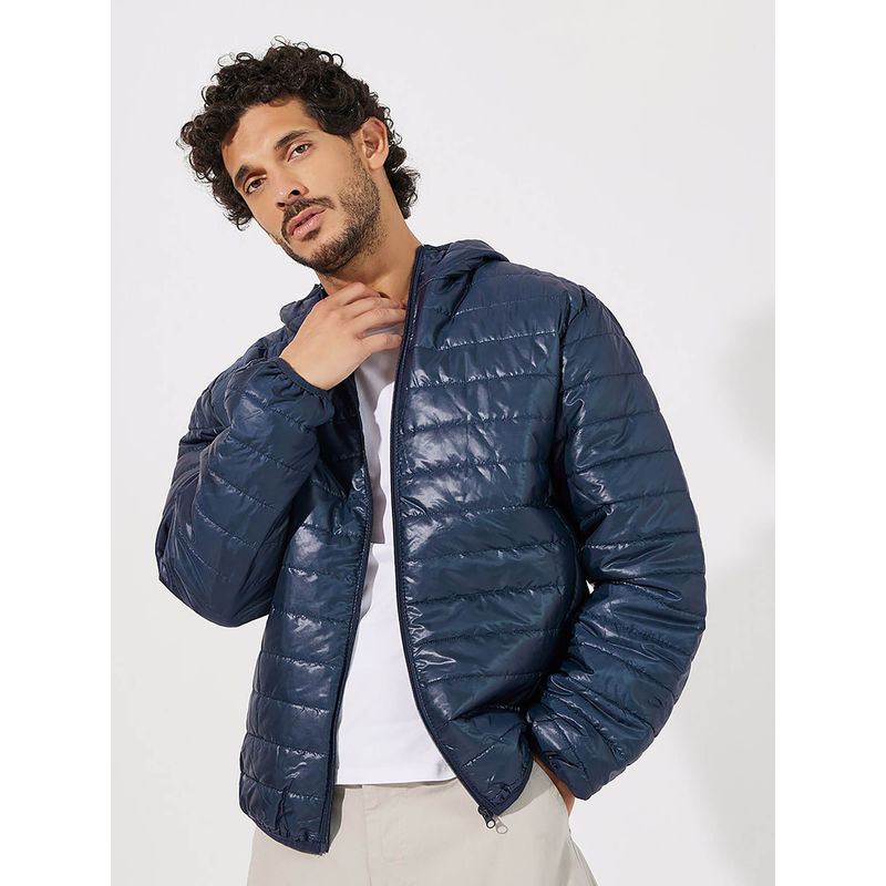 Styli Men Hi Sheen Quilted Hooded Puffer Jacket Navy Blue (M)