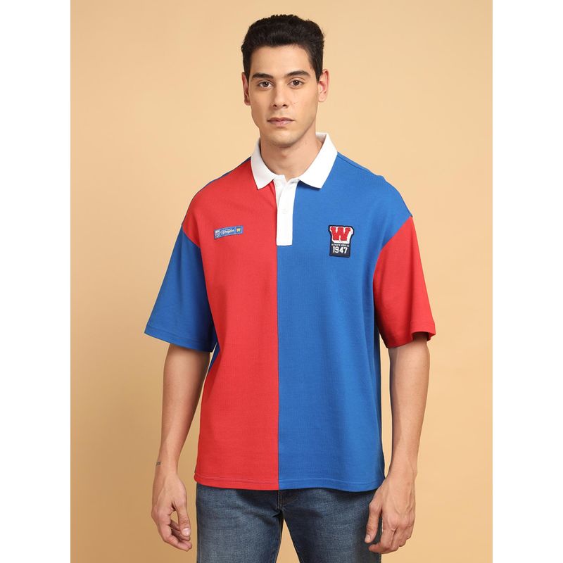 Wrangler Men Colorblock Blue Collar Relaxed Fit Polo T-Shirt (M)