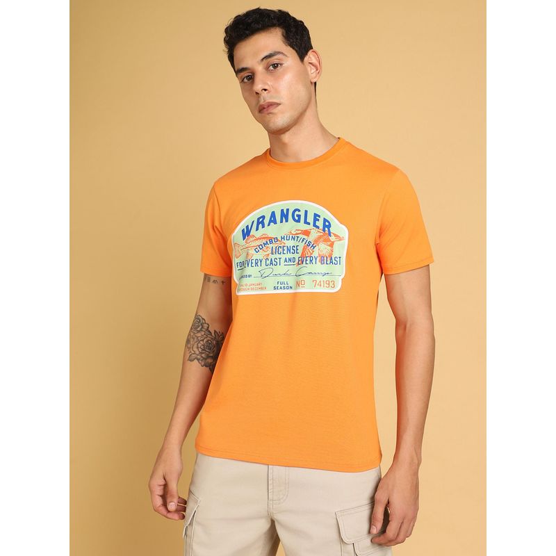 Wrangler Men Printed Orange Crew Neck Regular Fit T-Shirt (L)