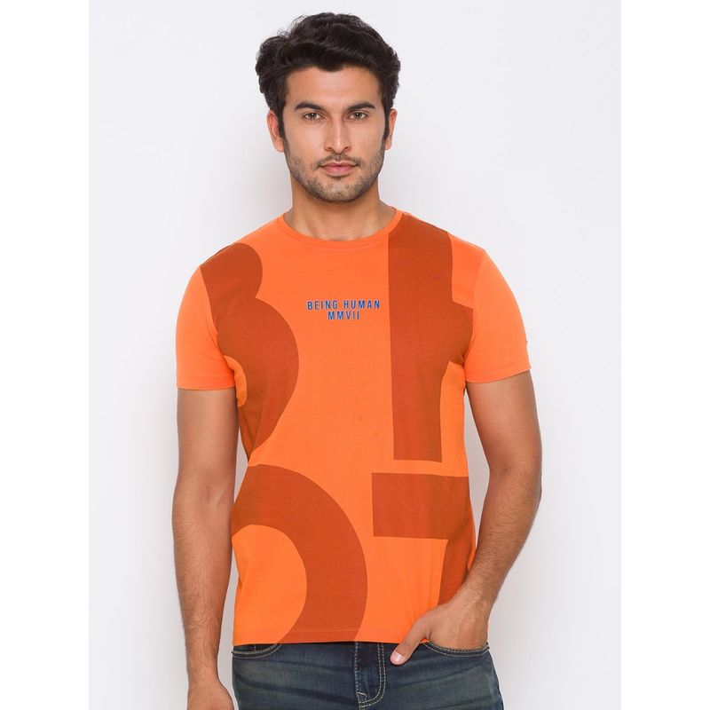 Being Human Men Printed Orange T-Shirt (M)