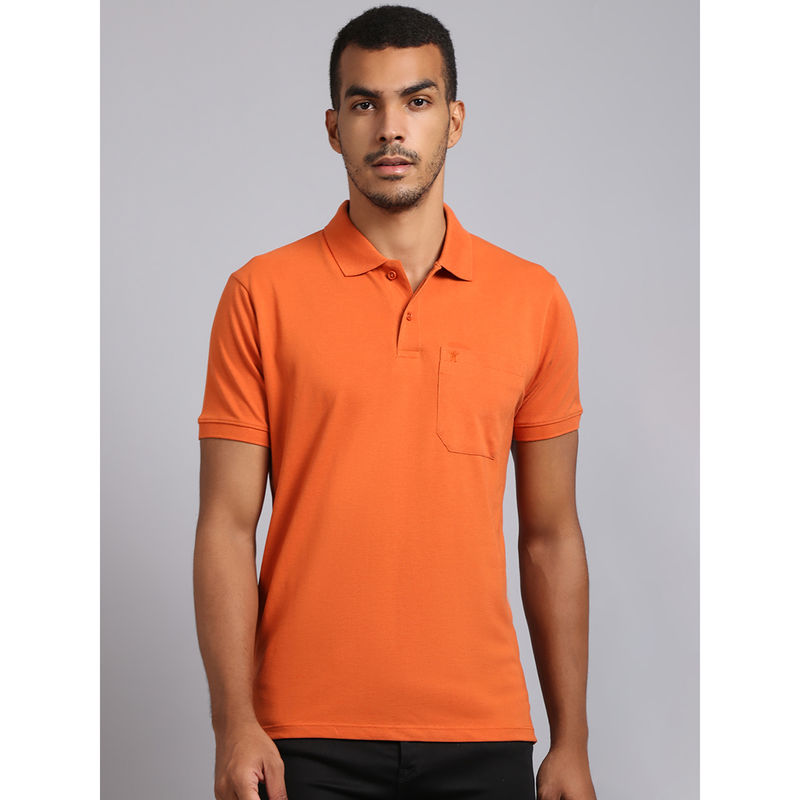 VENITIAN Men Solid Polo Neck Orange Cotton T-Shirt With Pocket (M)