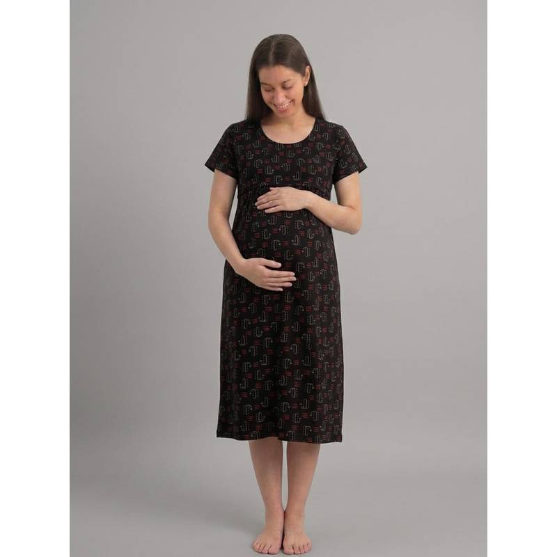 Evamomies Women Cotton Printed Maternity Nighty for Nursing and Feeding-Black (M)