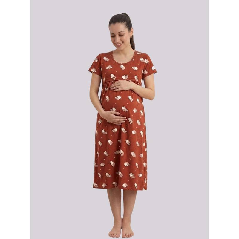 Evamomies Women Cotton Printed Maternity Nighty for Nursing and Feeding-Brown (M)