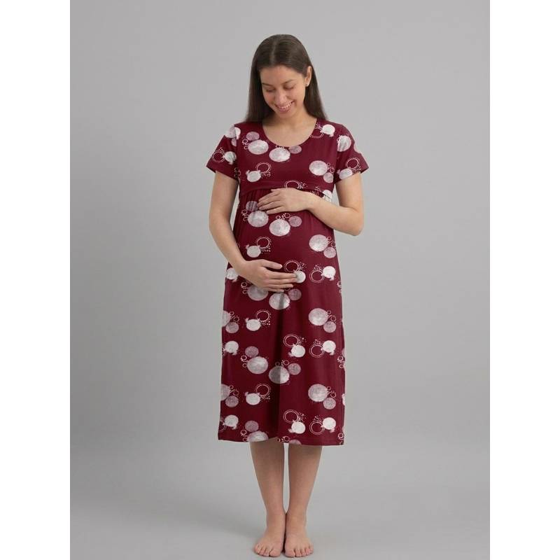 Evamomies Women Cotton Printed Maternity Nighty for Nursing and Feeding-Maroon (M)