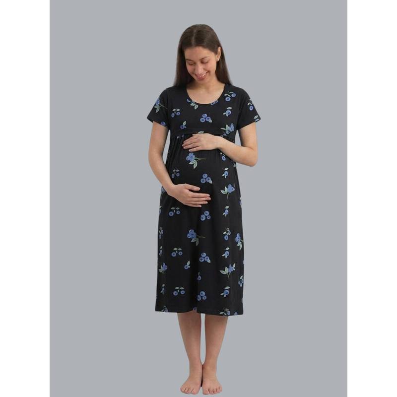 Evamomies Women Cotton Printed Maternity Nighty for Nursing and Feeding-Navy Blue (M)