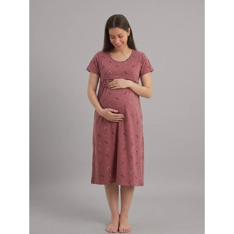 Evamomies Women Cotton Printed Maternity Nighty for Nursing and Feeding-Peach (M)