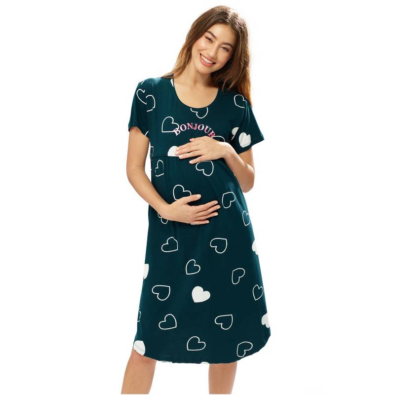 LOTIK Cotton Teal Heart Printed Maternity and Feeding Calf Length Short Nighty (M)