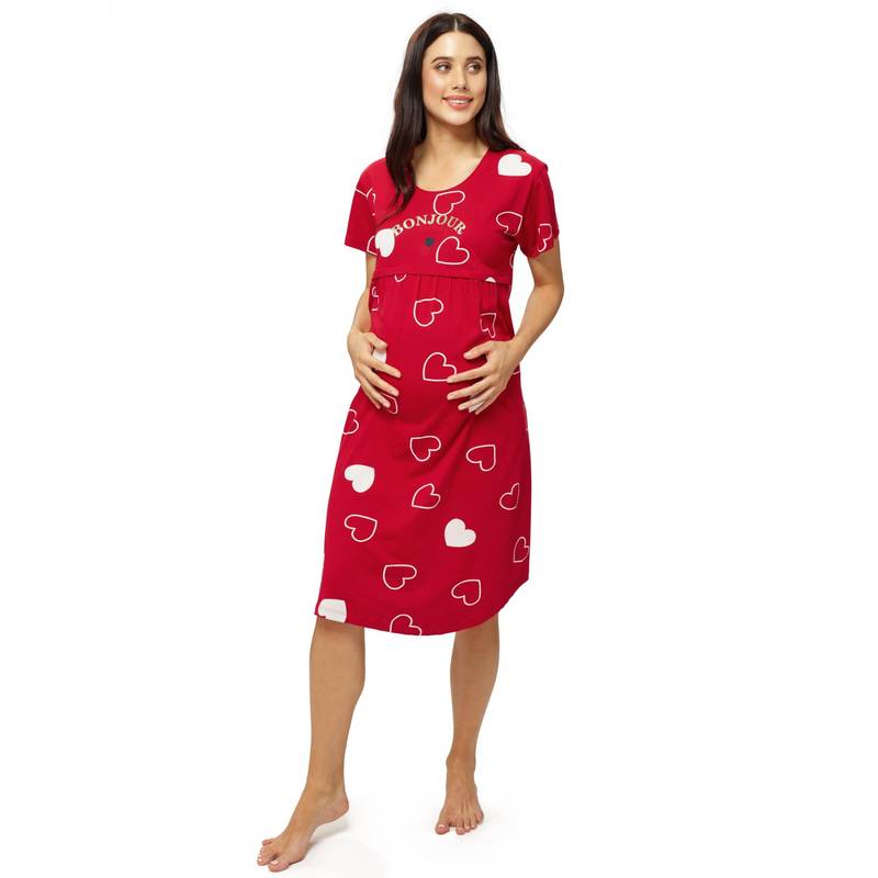 LOTIK Cotton Red Heart Printed Maternity and Feeding Calf Length Short Nighty (M)