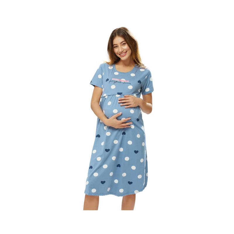 LOTIK Cotton Sky Blue Heart and Polka Dots Printed Maternity and Feeding Short Nighty (M)