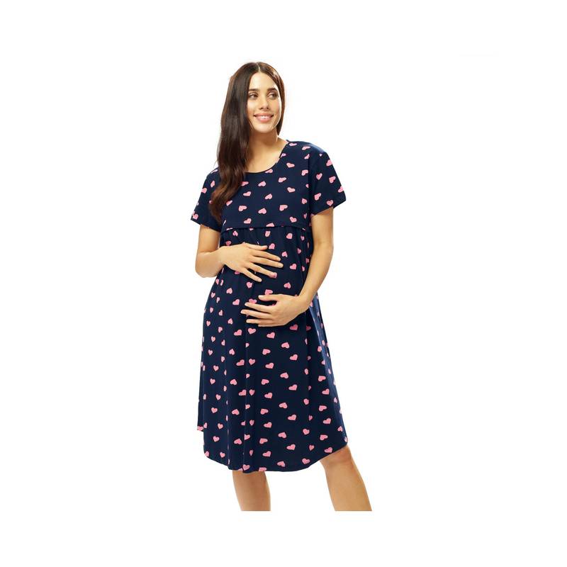 LOTIK Cotton Navy Blue Heart Printed Maternity and Feeding Short Nighty (M)